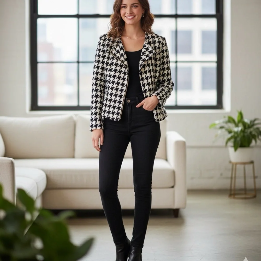 Q Mack Herringbone Blazer Black & White Jacket Asymmetrical Gold Zip Size M - Picture 4 of 14